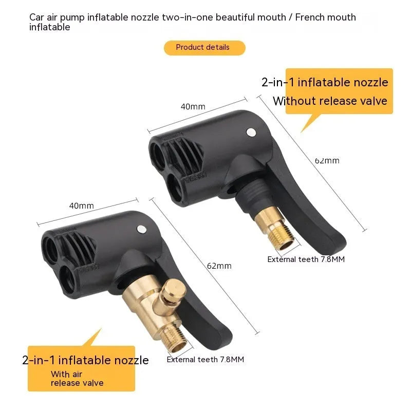 Vehicle air conversion inflatable chuck two-in-one nozzle set with 16 cm hose and two connectors