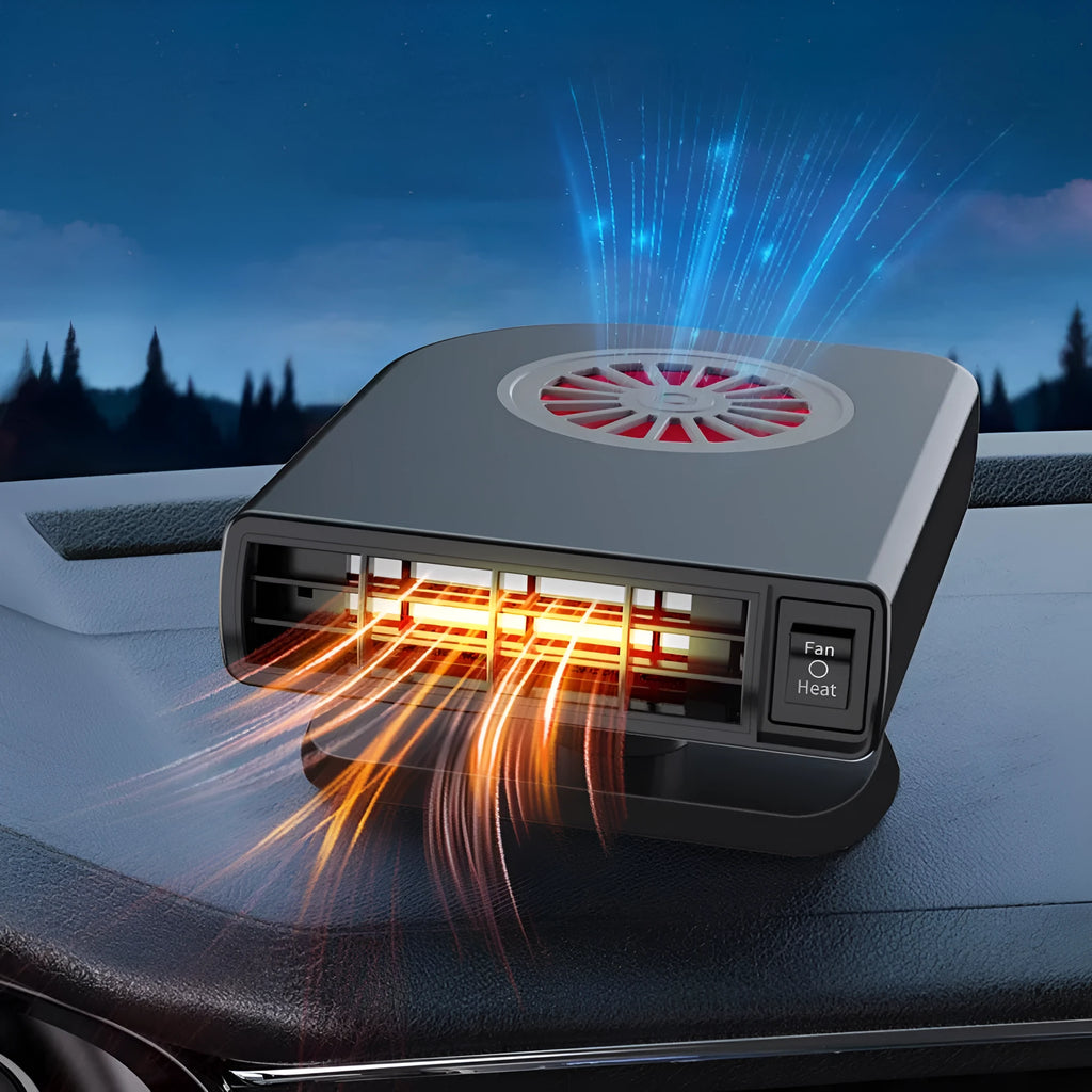 Black vehicle-mounted 12V car heater with adjustable vent for defogging and cabin heating