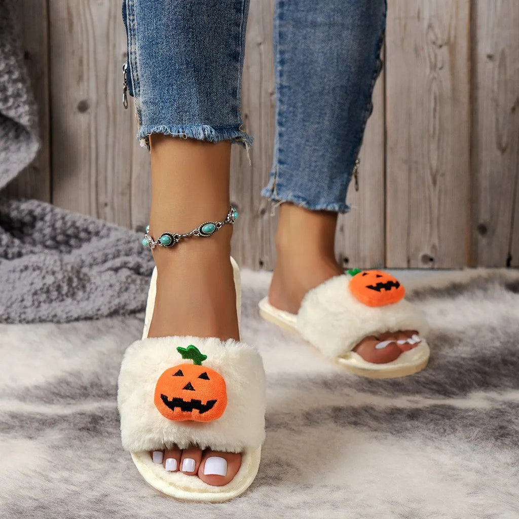 Halloween pumpkin plush open toe slippers with anti-slip PVC sole in white or yellow