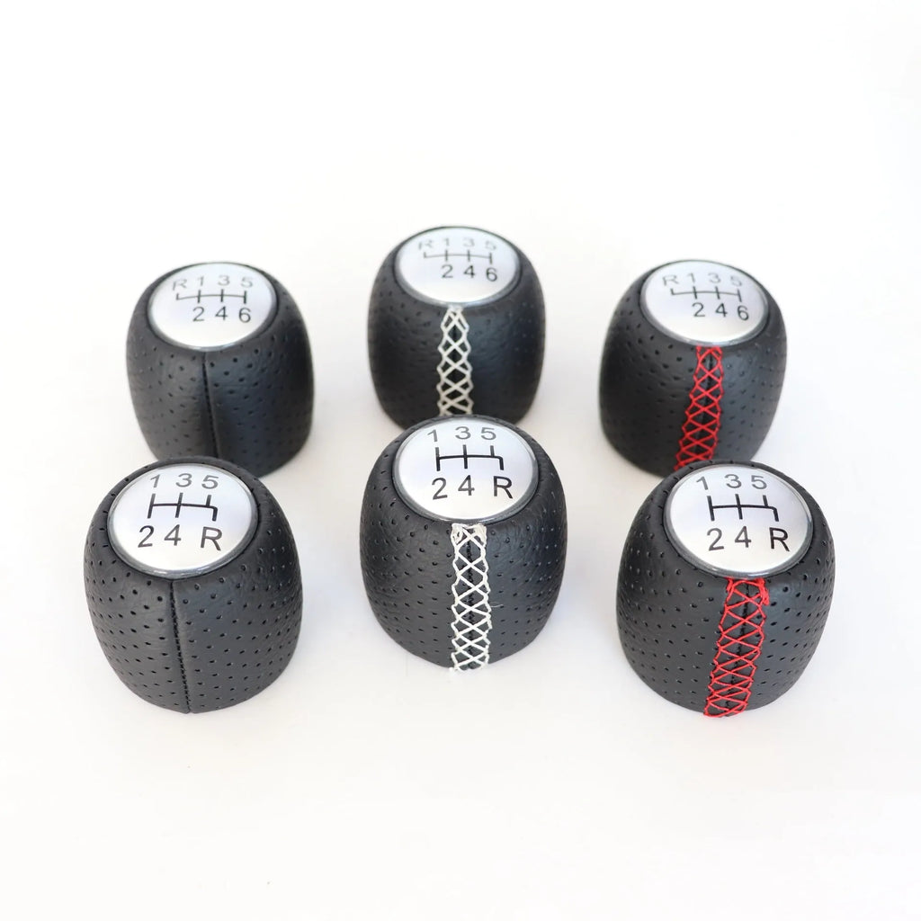 Sewn wrapped PU leather perforated handball gear shift knob for Alpha vehicle in black/red/white line matte or silver cover