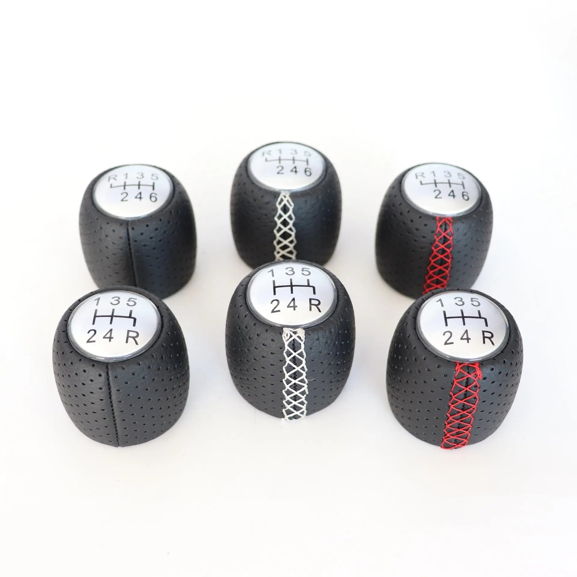 Sewn wrapped PU leather perforated handball gear shift knob for Alpha vehicle in black/red/white line matte or silver cover