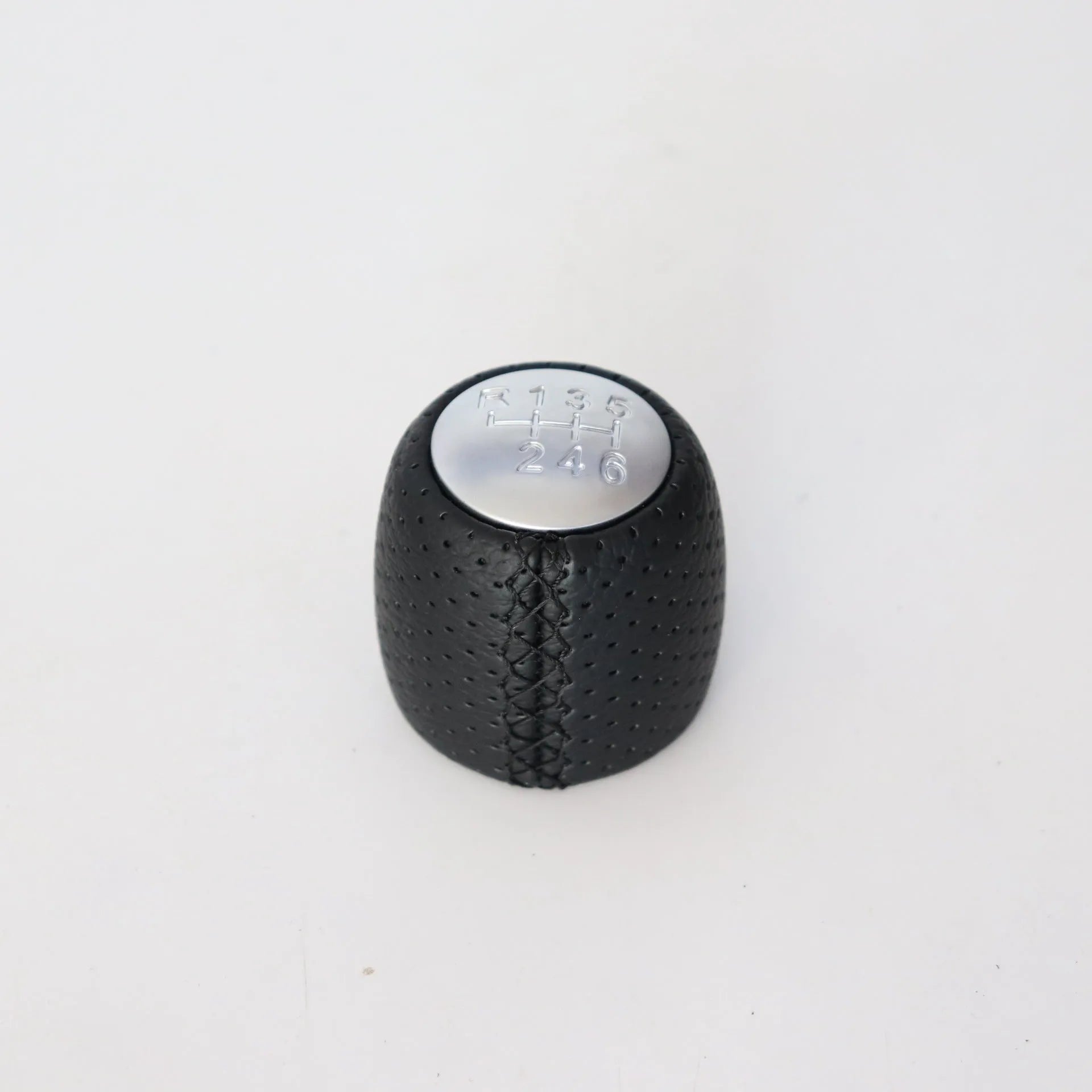 Sewn wrapped PU leather perforated handball gear shift knob for Alpha vehicle in black/red/white line matte or silver cover
