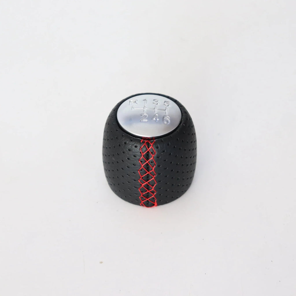 Sewn wrapped PU leather perforated handball gear shift knob for Alpha vehicle in black/red/white line matte or silver cover
