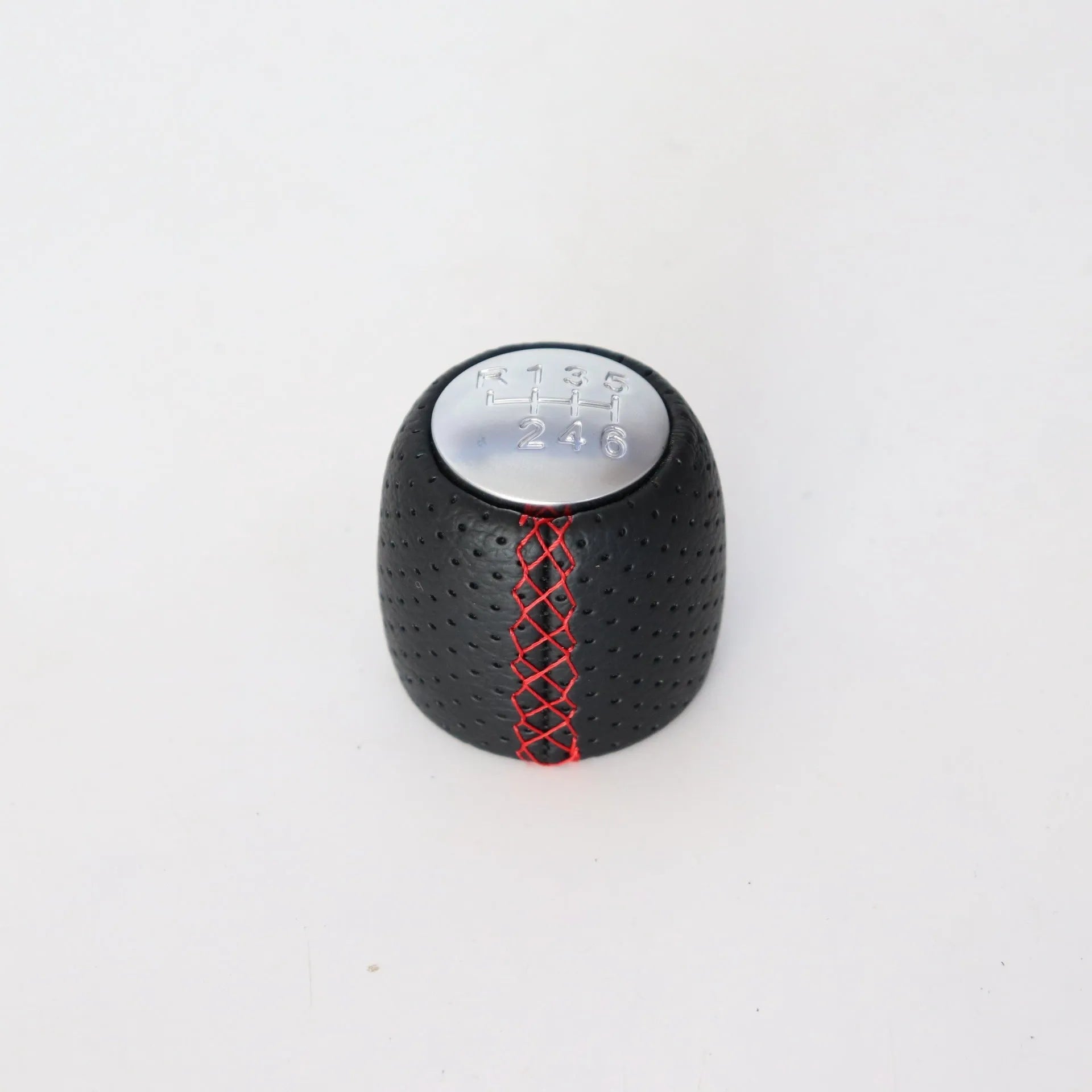 Sewn wrapped PU leather perforated handball gear shift knob for Alpha vehicle in black/red/white line matte or silver cover
