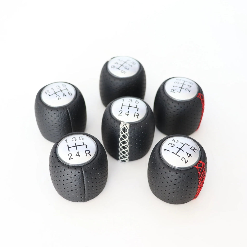 Sewn wrapped PU leather perforated handball gear shift knob for Alpha vehicle in black/red/white line matte or silver cover