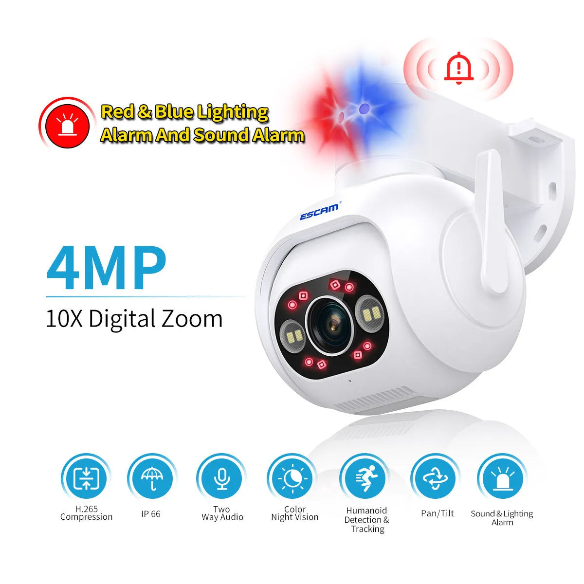 Smart colour night vision security camera with IP66 waterproof rating and wall mount bracket
