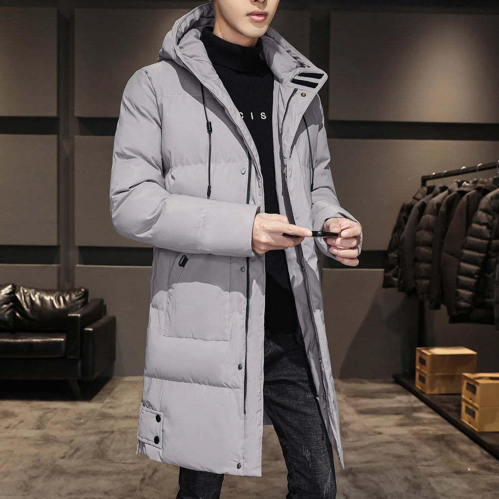 Plus size men's winter hooded cardigan coat in Army Green with patch pockets and straight hem