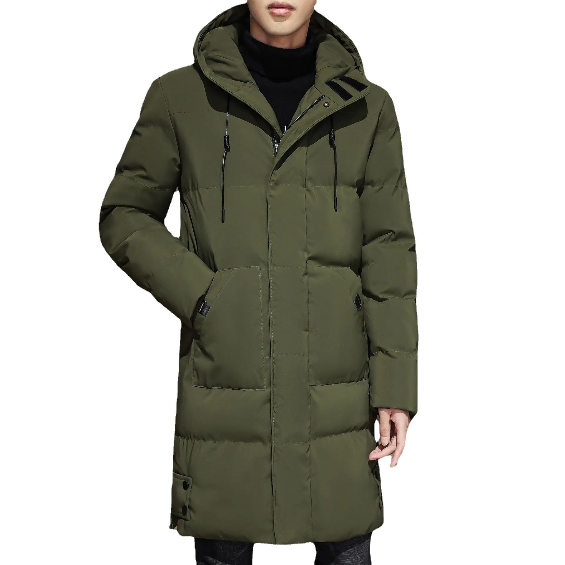 Plus size men's winter hooded cardigan coat in Army Green with patch pockets and straight hem