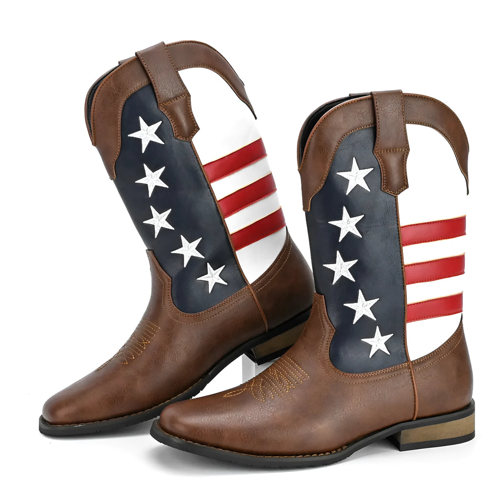 Men's five-pointed star Western cowboy boots in brown, square heel, round toe, floral embroidery