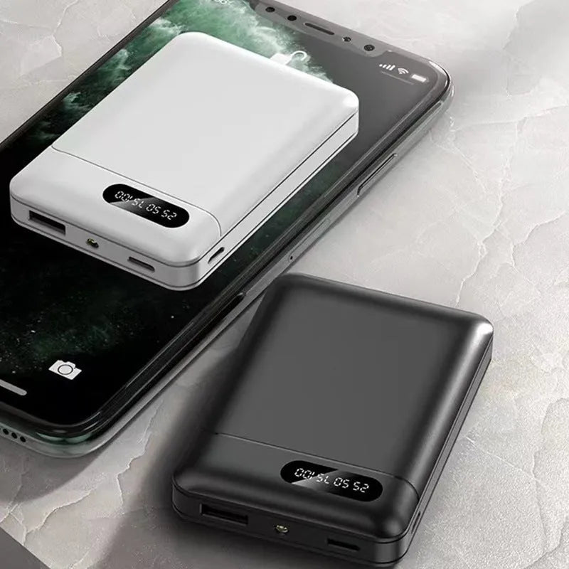 Black or white portable power bank with multi USB ports, showing dimensions of 92mm by 63mm.