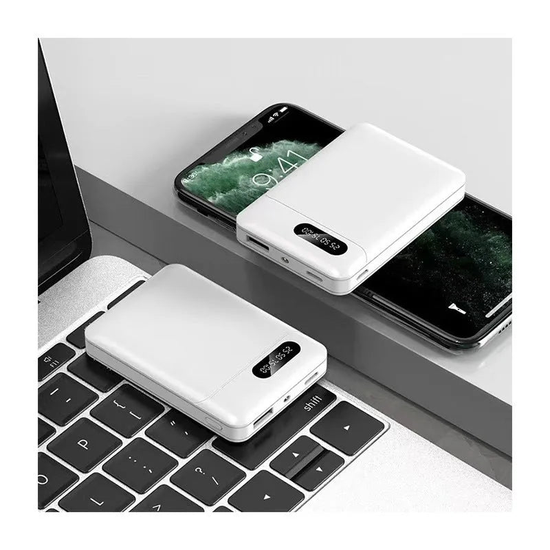 Black or white portable power bank with multi USB ports, showing dimensions of 92mm by 63mm.
