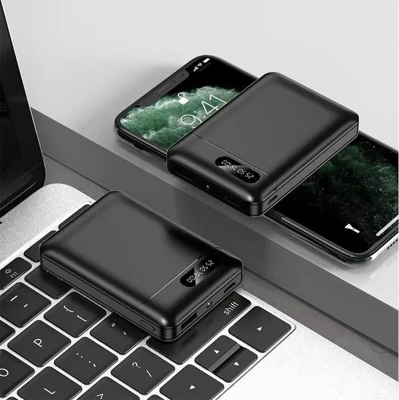 Black or white portable power bank with multi USB ports, showing dimensions of 92mm by 63mm.