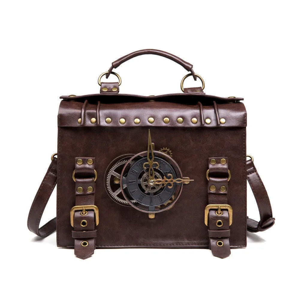 Bronze steampunk shoulder bag with metal detailing and horizontal pillow shape