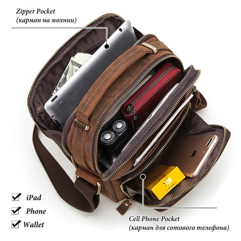 Men's brown Crazy Horse leather crossbody bag with sewing line detailing