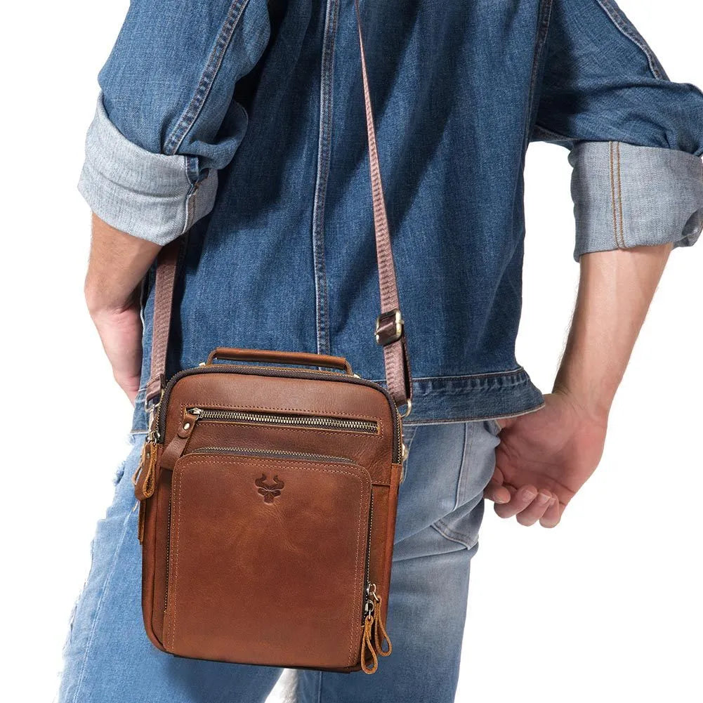 Men's brown Crazy Horse leather crossbody bag with sewing line detailing