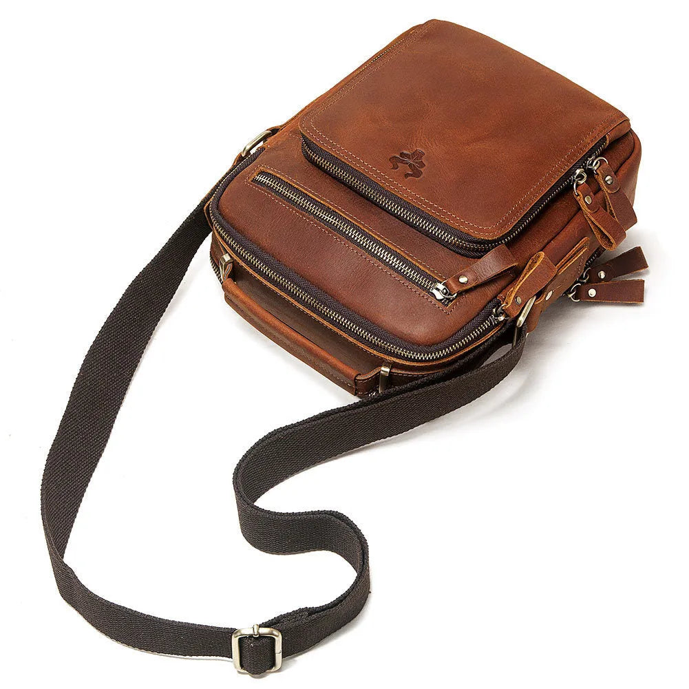 Men's brown Crazy Horse leather crossbody bag with sewing line detailing
