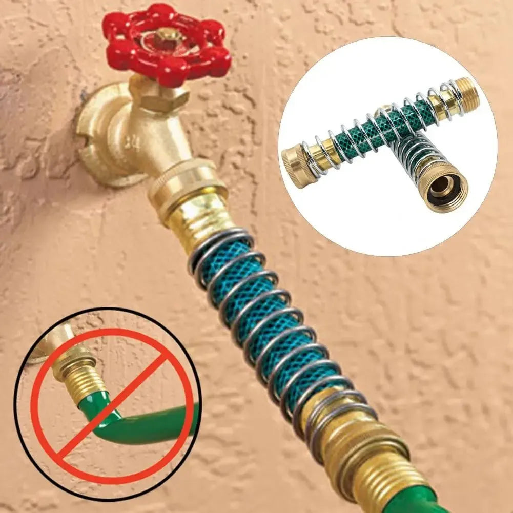 Brass garden hose connector with a visible silver spiral spring and 3/4 inch threaded ends.