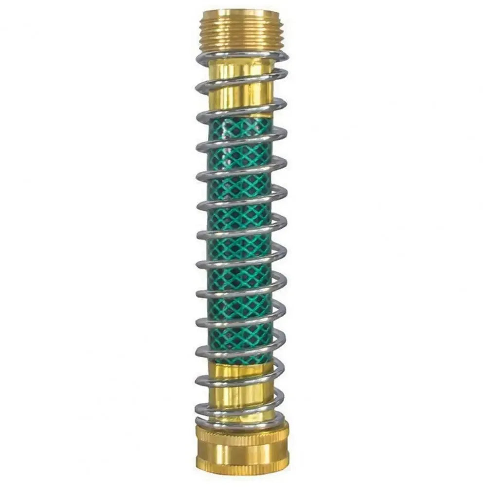 Brass garden hose connector with a visible silver spiral spring and 3/4 inch threaded ends.