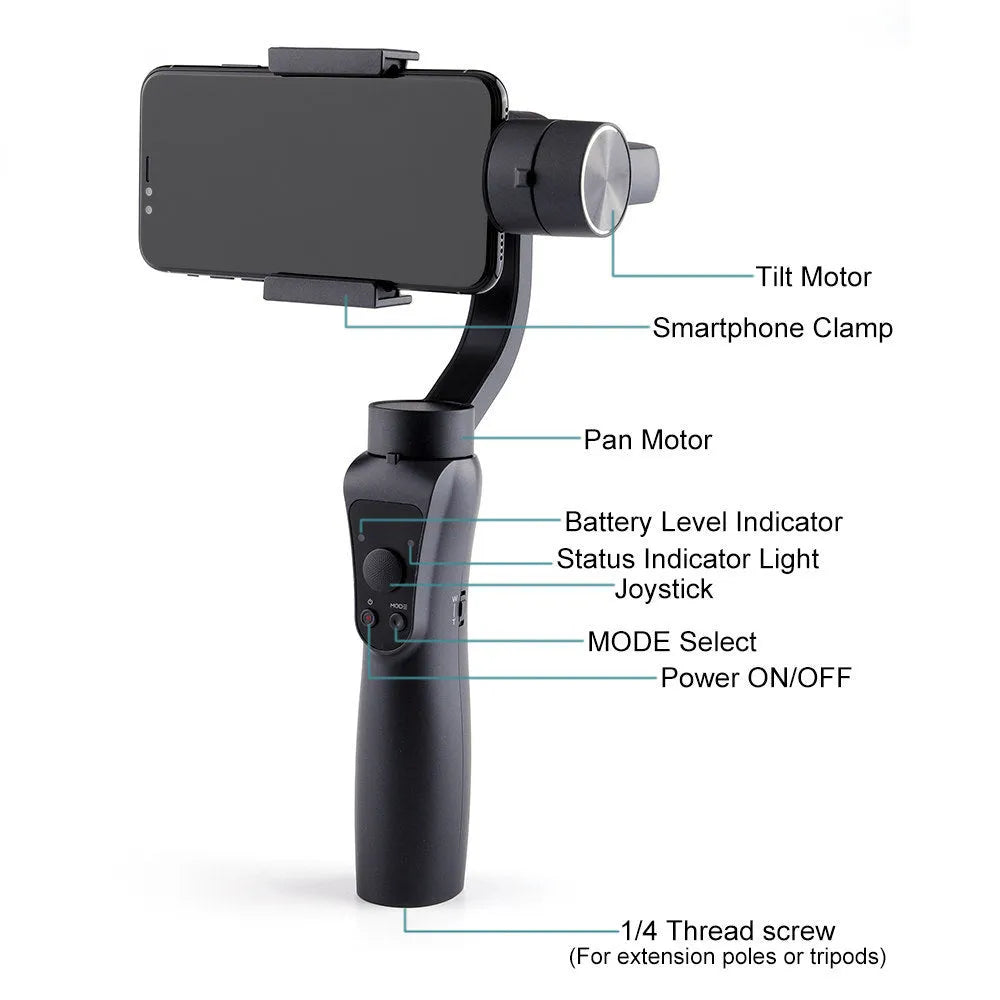 Black 3-axis handheld gimbal for smartphones under 6.5 inches, plastic construction