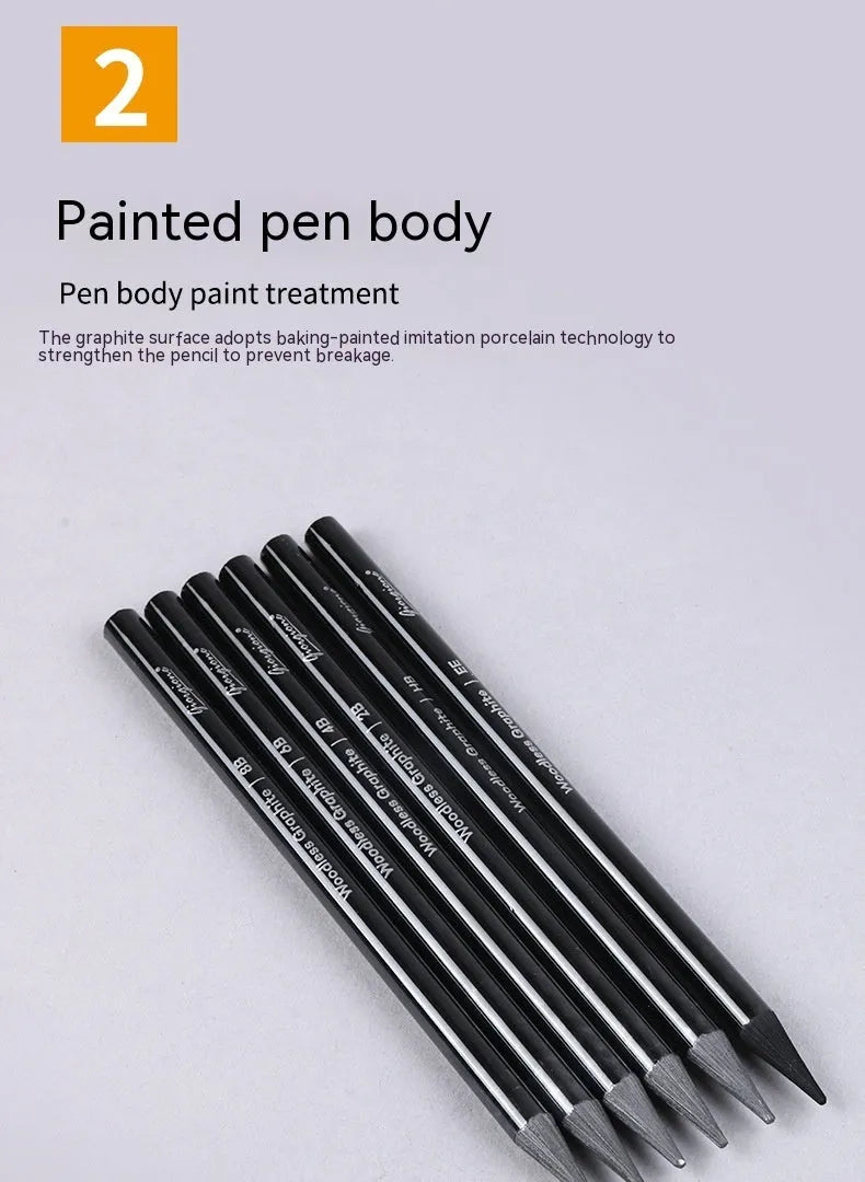 Set of nine graphite and carbonised wooden drawing pencils displayed on a suction card packaging.