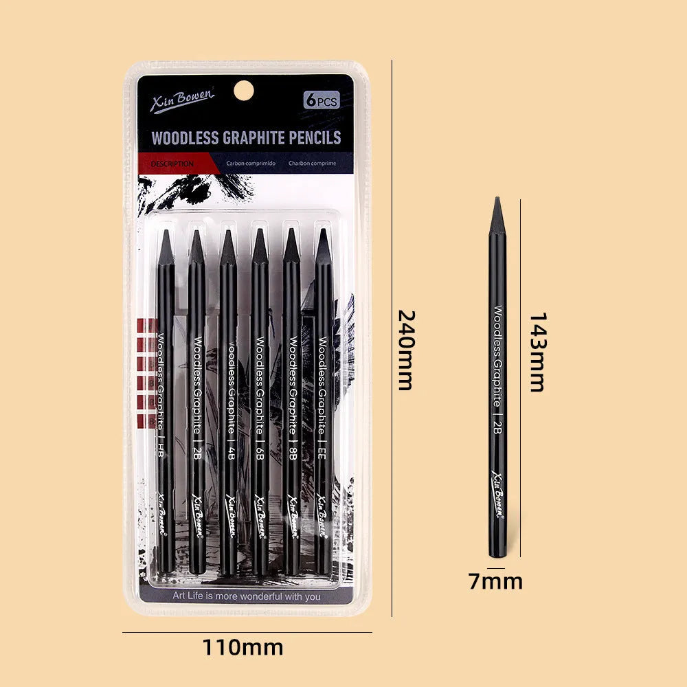 Wood-free graphite art sketching pencils six-piece set with graded hardness options
