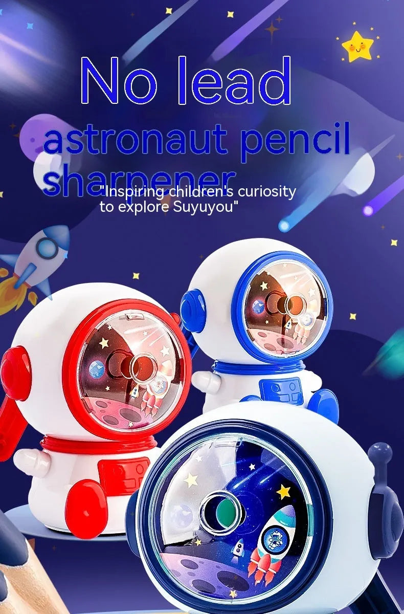 Blue cartoon astronaut manual pencil sharpener with anti-jam mechanism for children