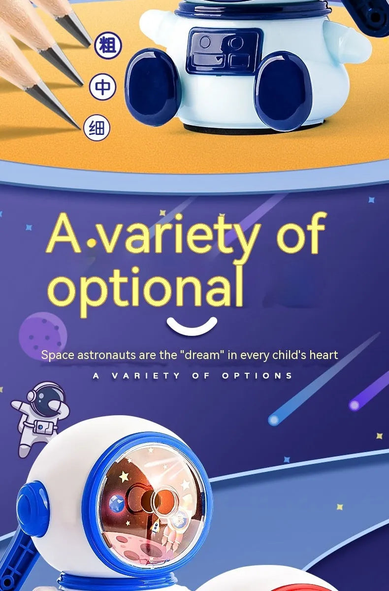 Blue cartoon astronaut manual pencil sharpener with anti-jam mechanism for children