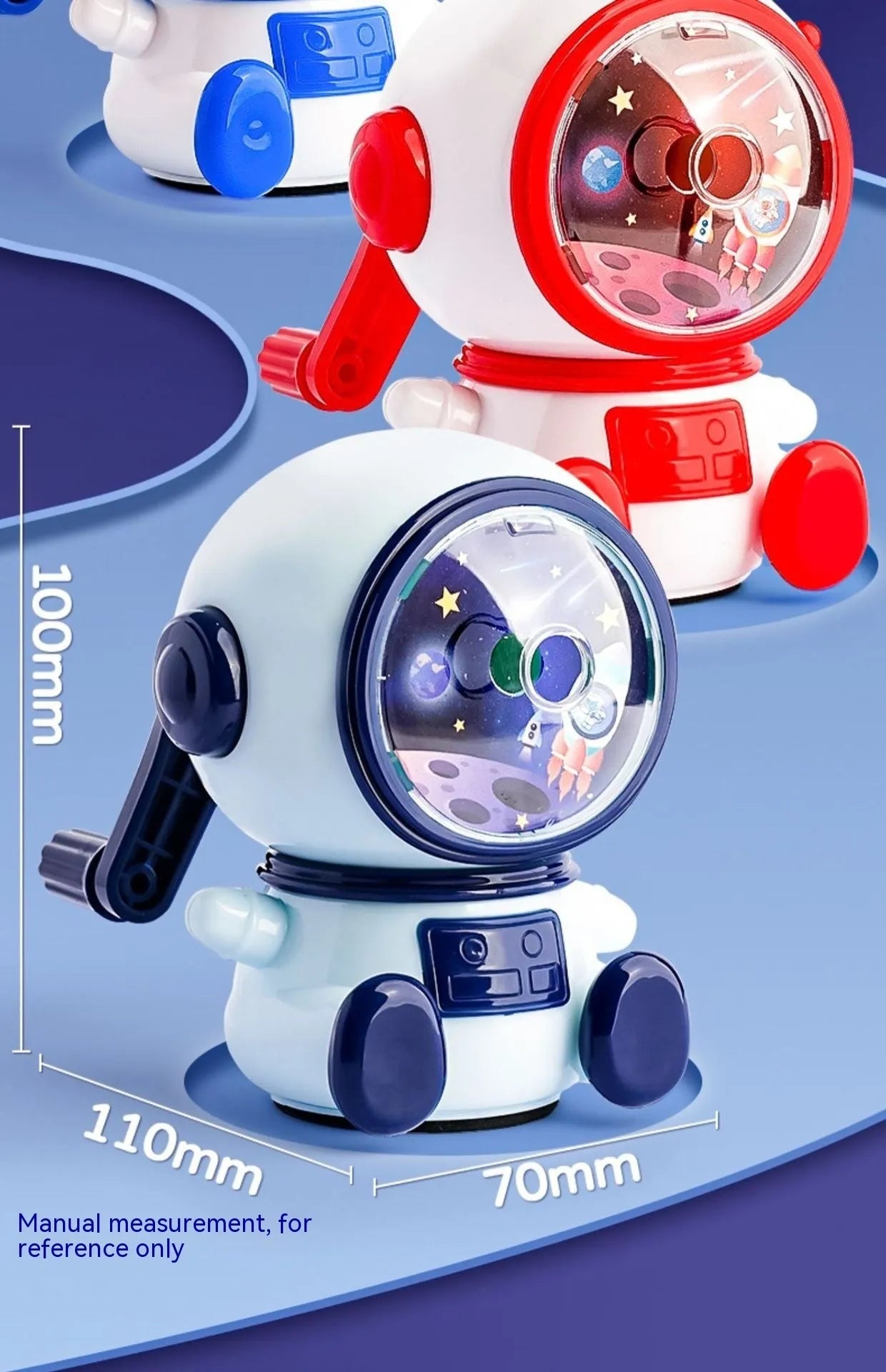 Blue cartoon astronaut manual pencil sharpener with anti-jam mechanism for children