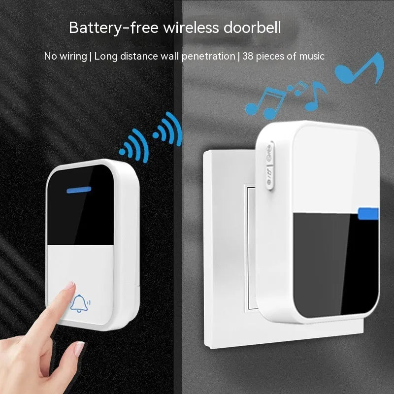 White plastic wireless doorbell with receiver measuring 78x54x45mm and self-generating power system