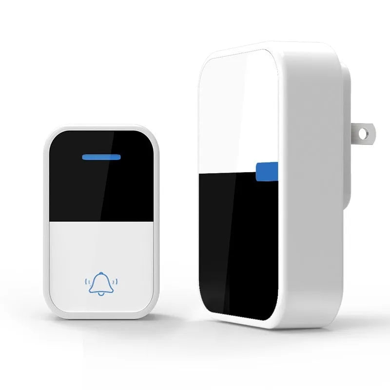 White plastic wireless doorbell with receiver measuring 78x54x45mm and self-generating power system