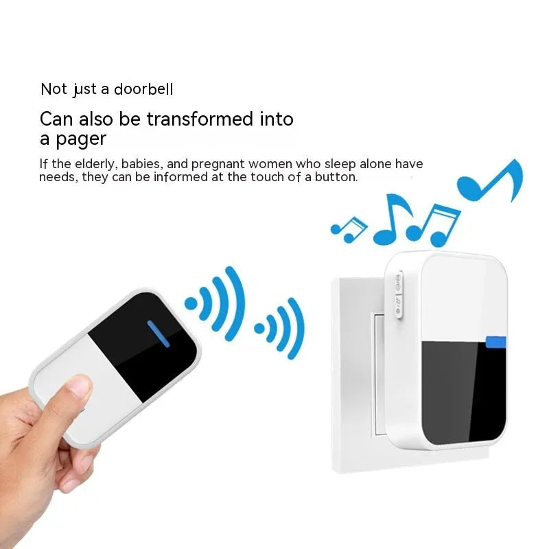 White plastic wireless doorbell with receiver measuring 78x54x45mm and self-generating power system