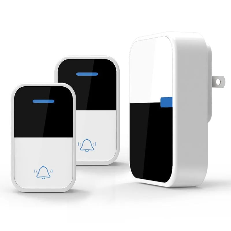 White plastic wireless doorbell with receiver measuring 78x54x45mm and self-generating power system