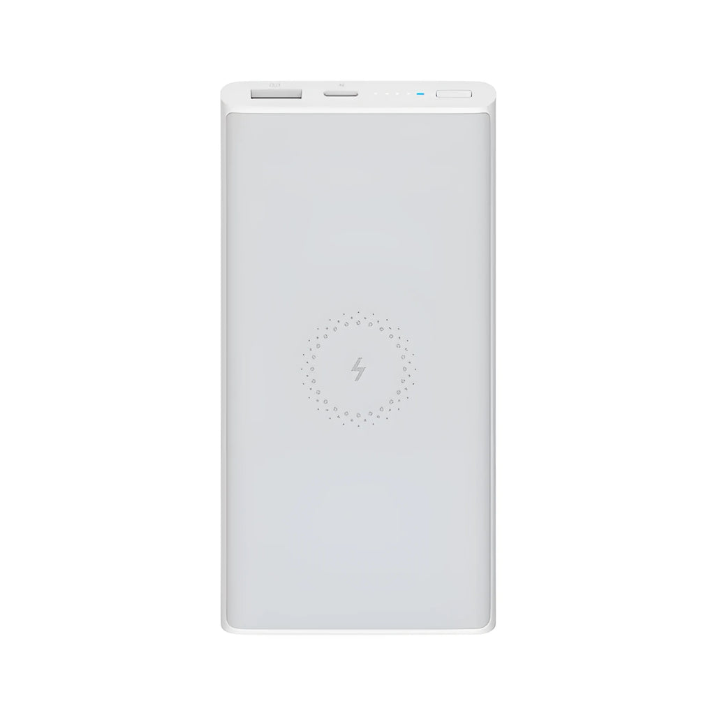 White and black 10000mAh power bank showing USB-C port and wireless charging surface