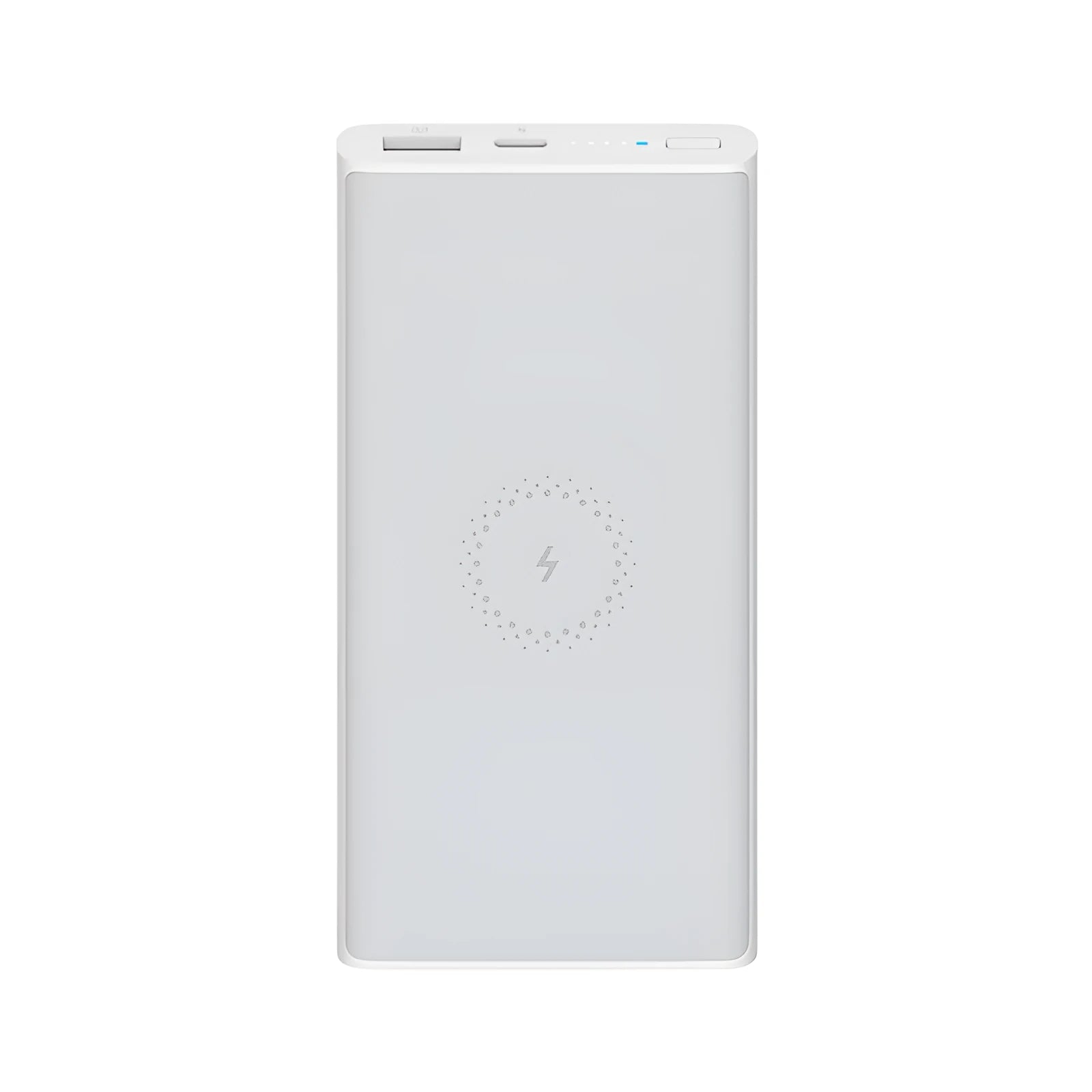 White and black 10000mAh power bank showing USB-C port and wireless charging surface