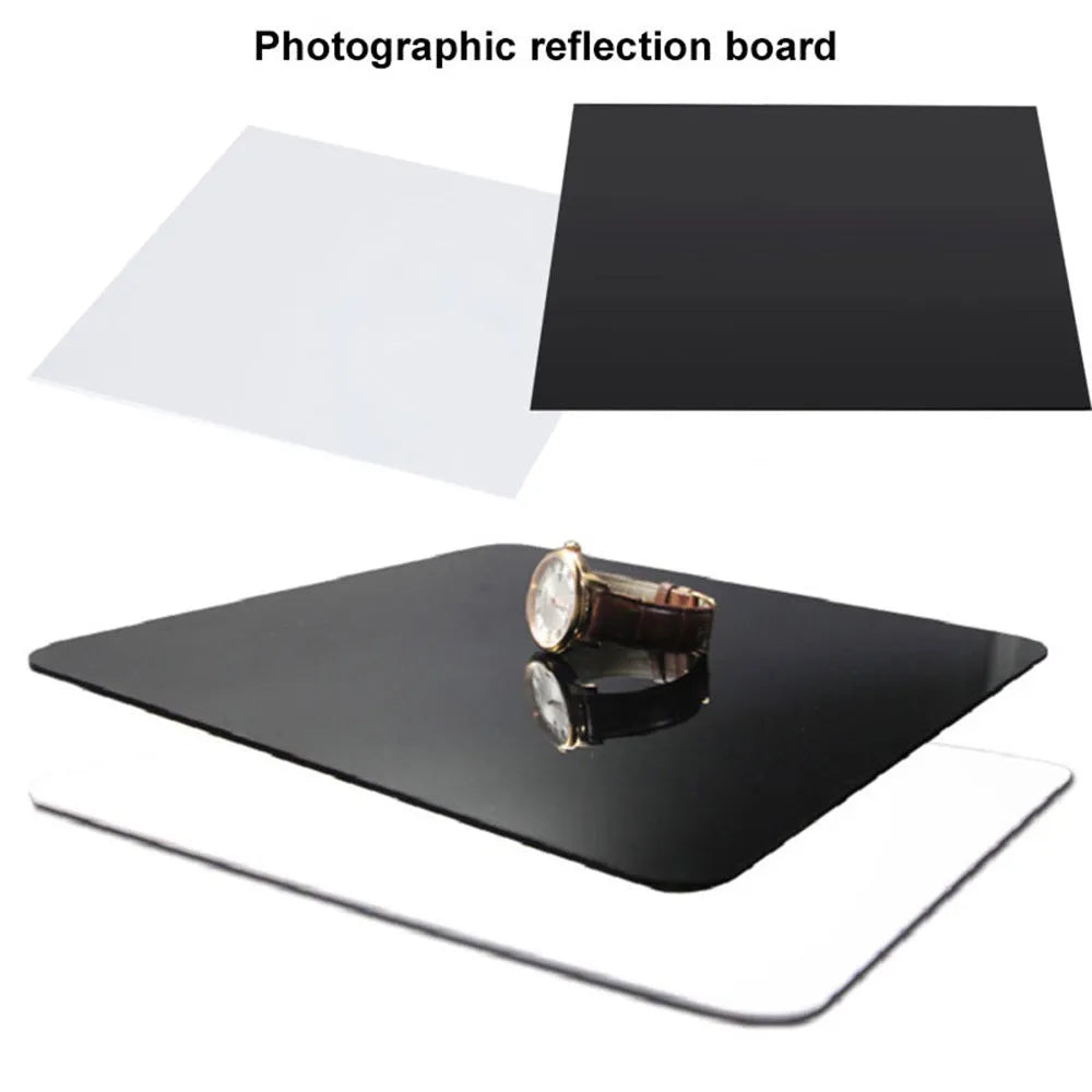 Acrylic photography reflection board in black, 30x30cm, with protective film partially peeled back