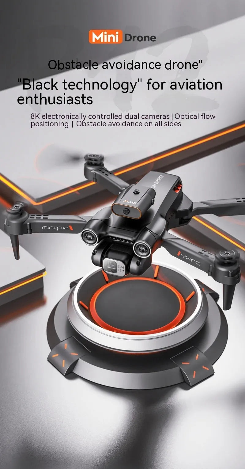 Black foldable quadcopter drone with four propellers and a mounted camera, shown next to its remote control.