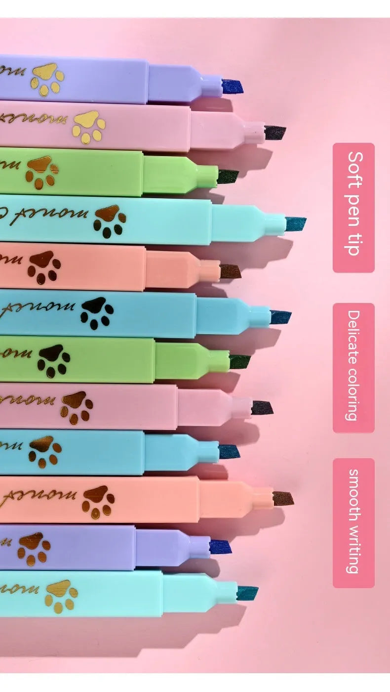Cat's Paw box of six fluorescent marking pens with oblique heads in assorted colours.