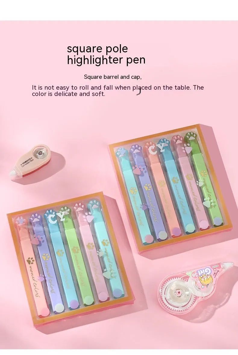 Cat's Paw box of six fluorescent marking pens with oblique heads in assorted colours.