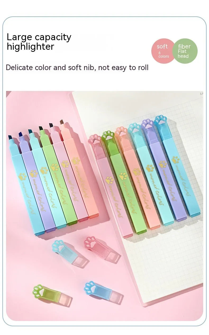 Cat's Paw box of six fluorescent marking pens with oblique heads in assorted colours.