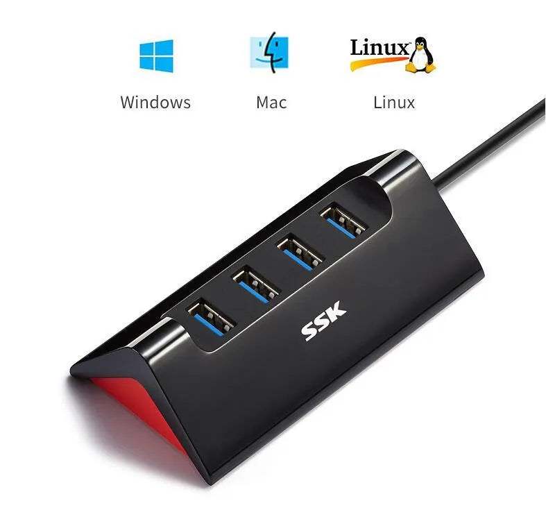 Black ABS 4-port USB expansion dock with USB 3.0 and USB 2.0 interfaces and cable
