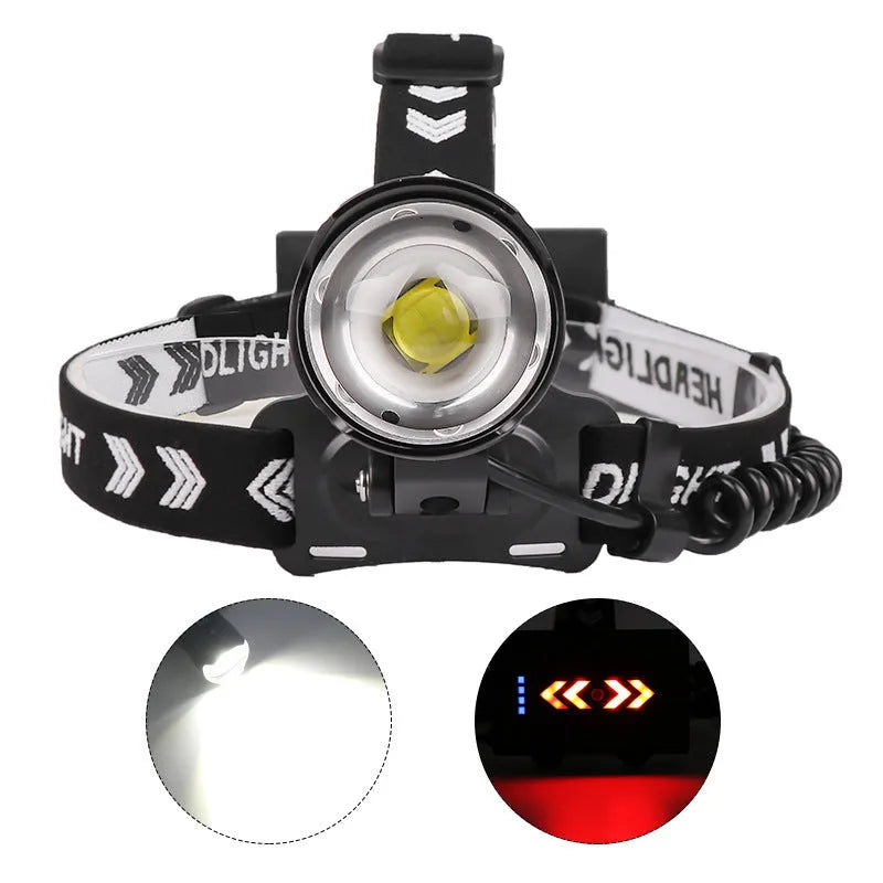 Black telescopic zoom headlight with micro USB charging port and power display