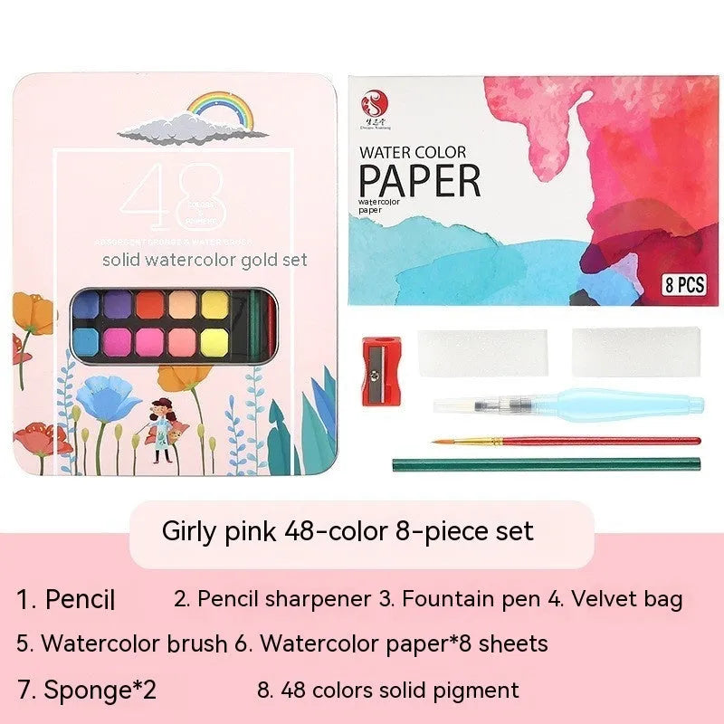 Solid watercolour paint set showing 48 colour pans with black knight, girl pink and sunshine blue shades