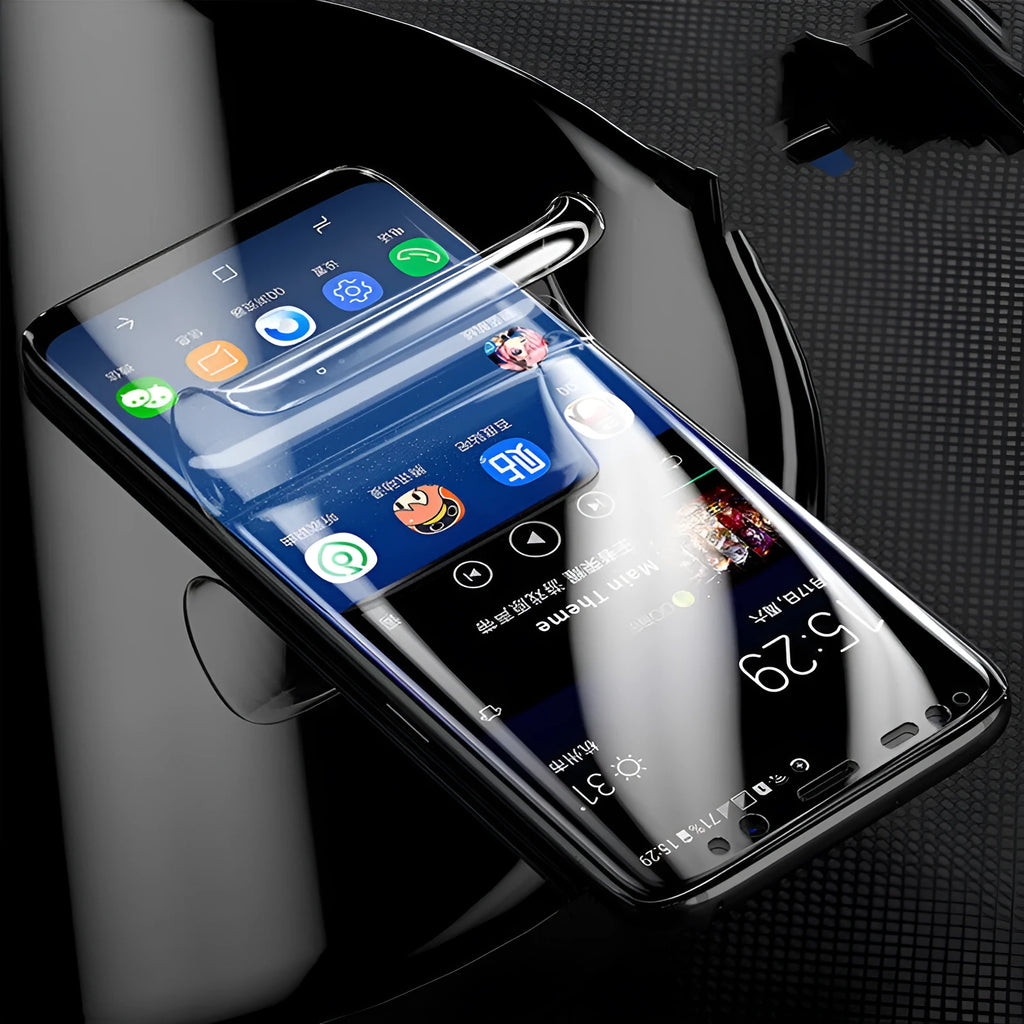 Purple hydrogel screen protector for curved Samsung Galaxy phones on display