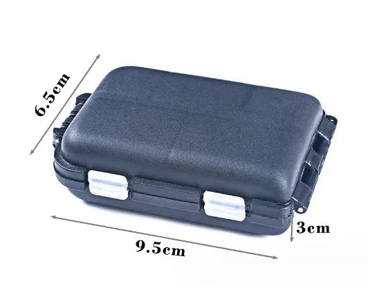Small black plastic fishing tackle storage box with 10 open compartments
