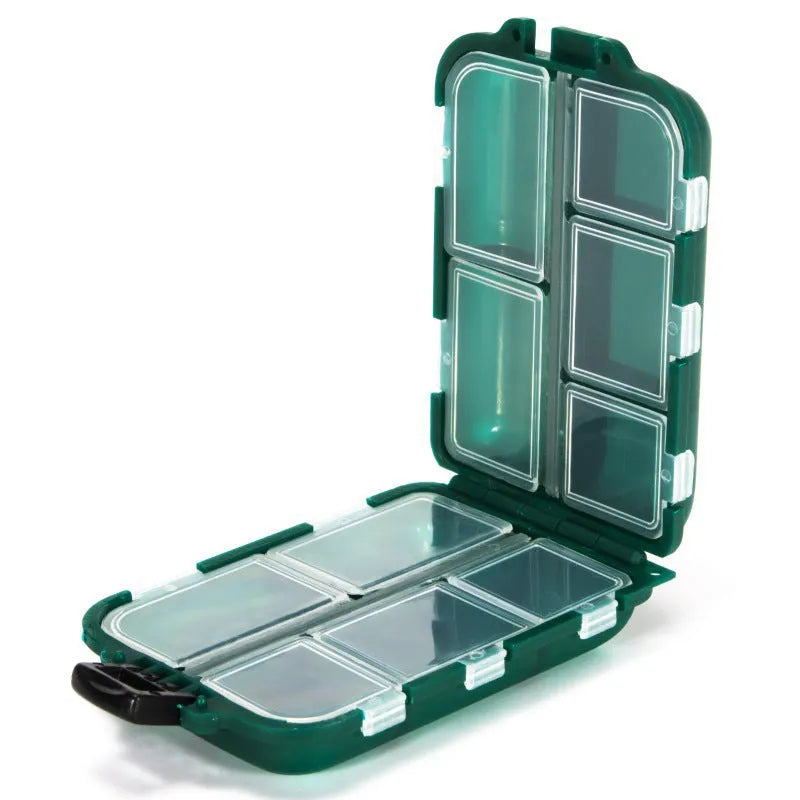 Small black plastic fishing tackle storage box with 10 open compartments