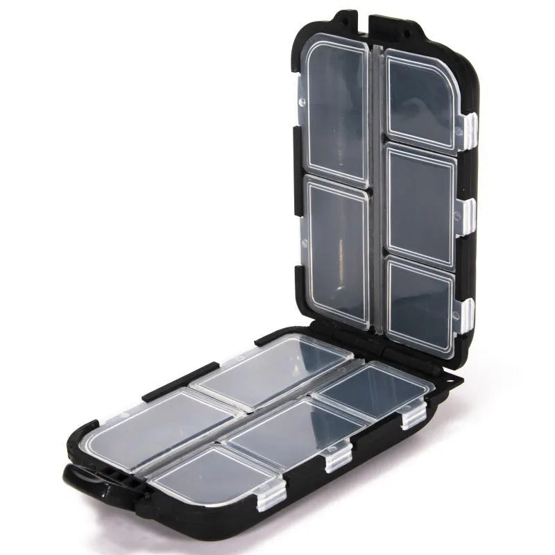 Small black plastic fishing tackle storage box with 10 open compartments