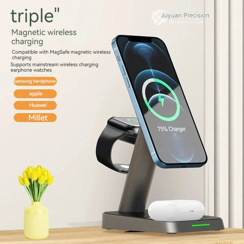Black cube-shaped wireless charging station with 10000mAh battery charging a phone, smartwatch and earbuds