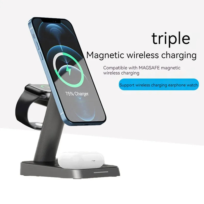 Black cube-shaped wireless charging station with 10000mAh battery charging a phone, smartwatch and earbuds
