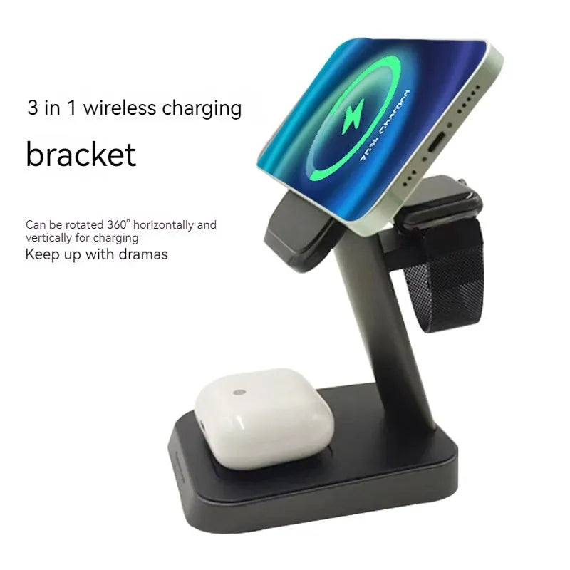 Black cube-shaped wireless charging station with 10000mAh battery charging a phone, smartwatch and earbuds