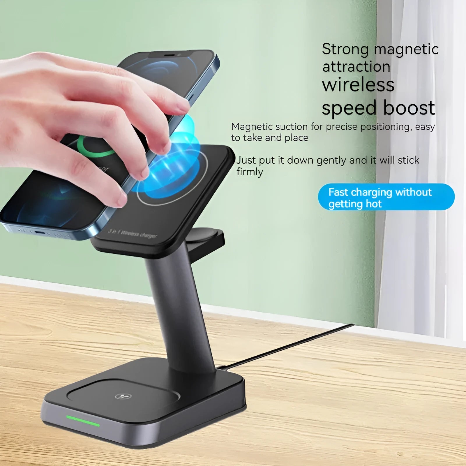 Black cube-shaped wireless charging station with 10000mAh battery charging a phone, smartwatch and earbuds